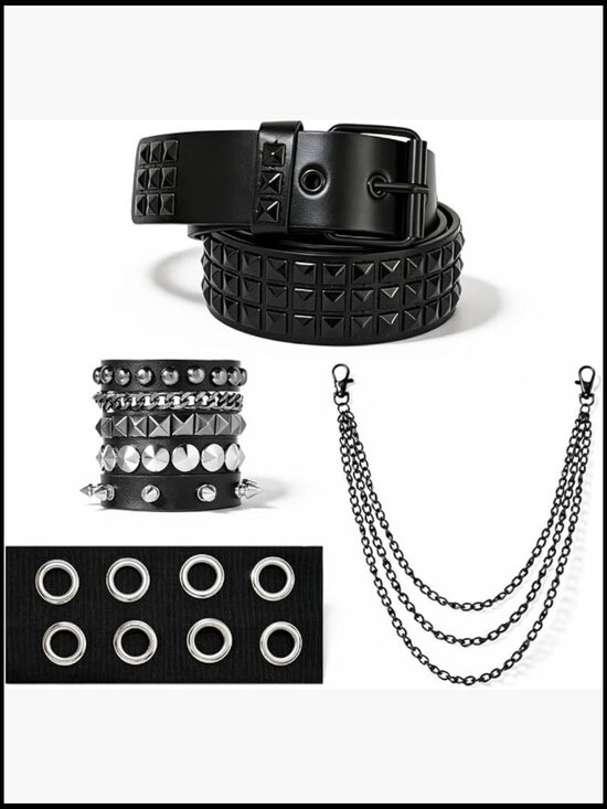 7 Pcs Goth Punk Accessories Set with Studded Belt, Chains, Bracelets, Y2K Emo main image 4